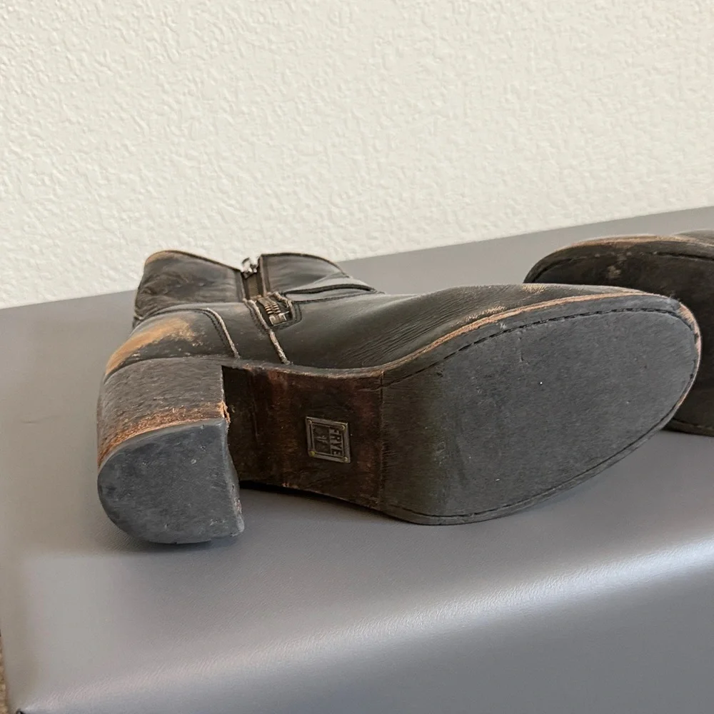 Frye Distressed Black Leather Mid Calf Boots with Buckle Detail - Picture 4 of 16